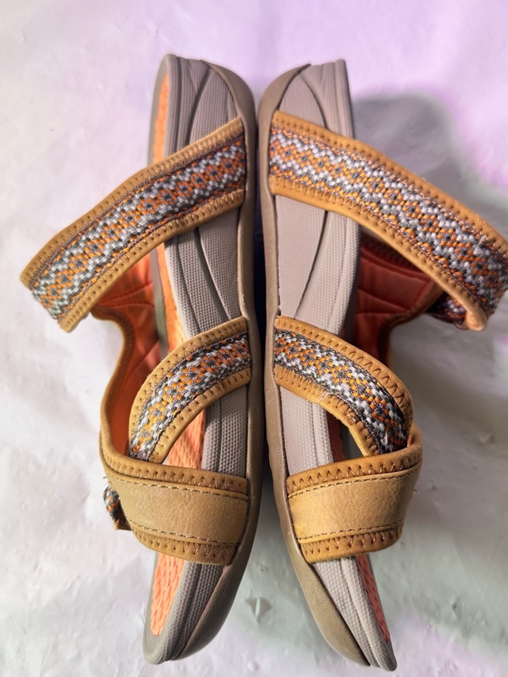 BareTraps Tan Slide Sandals with Orange Footbed and Braided Straps - Picture 4 of 8